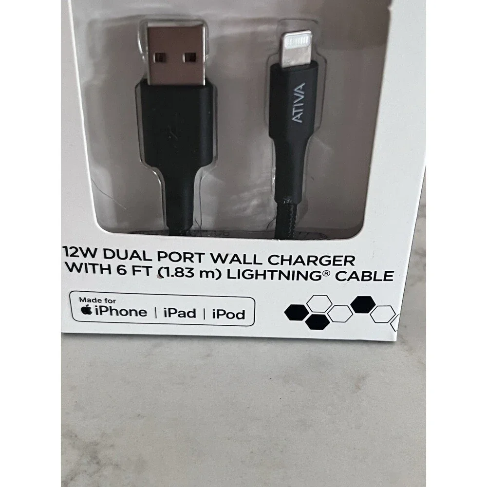 Ativa 12W Dual Port Wall Charger Black w/ 6 ft Tangle-Resistant  Cable